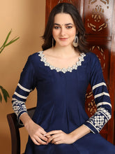 Women Navy Blue Silk Blend Embroidered Anarkali Kurta Palazzo Set With Dupatta